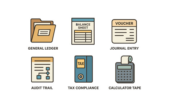 colored general ledger file, balance sheet report, journal entry voucher, audit trail document, tax compliance binder, calculator tape roll perfect colored vector style isolated