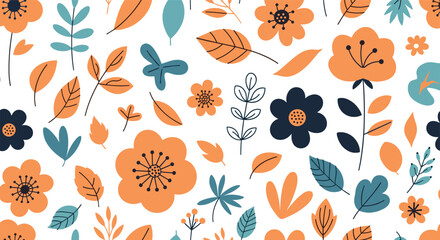 A Seamless Pattern Featuring a Delightful Assortment of Stylized Botanical Illustrations in Warm Earthy Tones