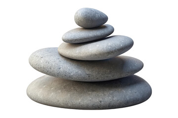 Stacked grey smooth river stones balanced perfectly isolated on transparent background