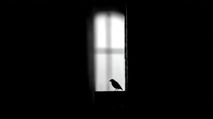 A silhouette of a small bird perched on a windowsill, in a dark room