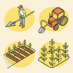 Cartoon illustration of farming with a tractor, farmer, and seedlings