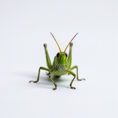 Fototapeta premium Close-Up of a Green Grasshopper Facing Forward on a White Background