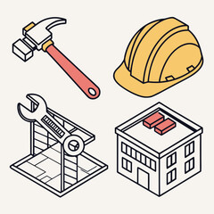 Isometric construction tools and building on a white background