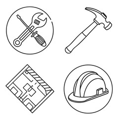 Construction tools and building plan in a circle drawing