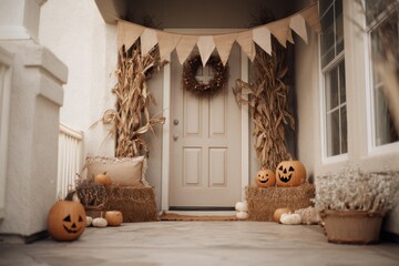 Rustic Halloween porch decorated with pumpkins, dried cornstalks, straw bales, and cozy seasonal wreaths, evoking festive autumn and traditional charm.