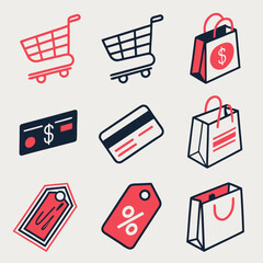 A set of shopping icons featuring carts, bags, cards, and tags