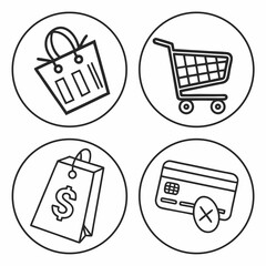 Shopping icons in circles featuring carts, bags, and credit cards