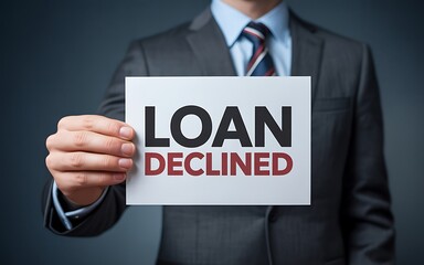 Obraz premium Businessman holding loan declined sign suit