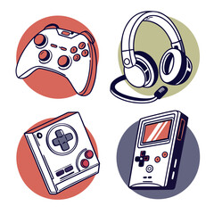 A colorful illustration of retro gaming consoles and audio headset