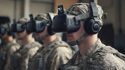 Soldiers in uniform wearing virtual reality headsets and headphones, engaging in immersive military training.