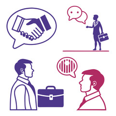 Businessmen in conversation, with handshake and briefcase icons