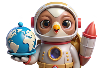 Cute cartoon owl astronaut holding planet earth and a rocket isolated on transparent background