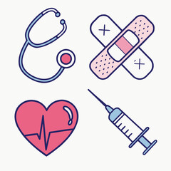 Medical icons featuring a stethoscope, bandage, heart, and syringe