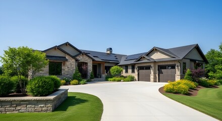 Luxury suburban home with a curved driveway on a sunny day