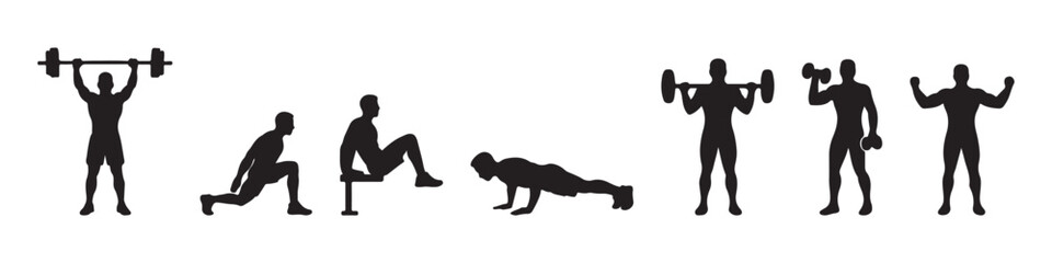 weightlifting silhouette set male female athlete weightlifter sport isolated background.