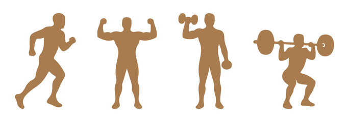 Set of bodybuilders vector silhouettes. Posing muscular