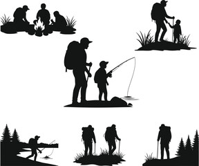 Vector art of silhouettes of people camping, hiking, and fishing in nature