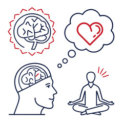 Mental health icons depict brain, heart, meditation, and mindfulness concepts
