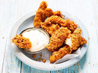 Cornflake Chicken Tenders on a plate with mayonnaise sauce