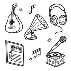 Musical instruments and equipment are displayed isolated on white background