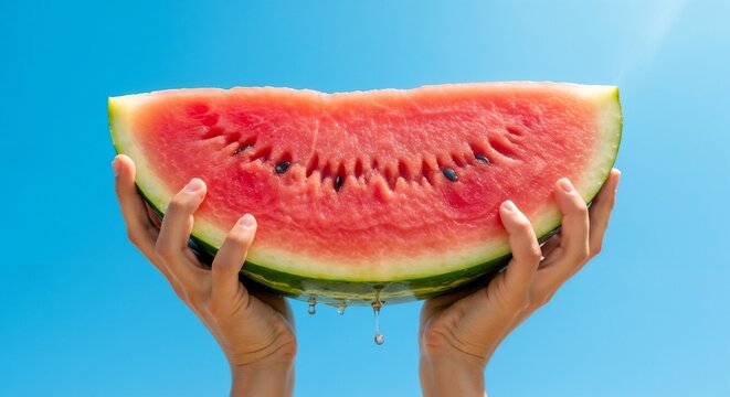 Hands holding a fresh watermelon slice under the blue sky for Watermelon Day - Powered by Adobe