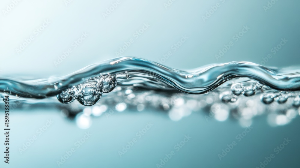 Poster captivating close-up of clear water waves with air bubbles against a soft blue background creating a