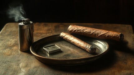 Two cigars rest on a rustic metal tray beside a smoking vintage lighter on a wooden table with a dark background.