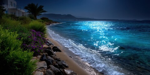 Beautiful shoreline with vibrant flowers and sparkling water under a moonlit sky in a tranquil coastal setting