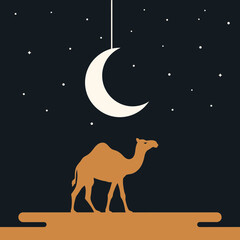 Fototapeta premium Camel silhouette stands on sand under a crescent moon and stars at night.