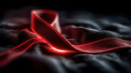 Elegant red ribbon gracefully rests on black fabric in soft lighting, showcasing texture and depth