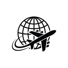 Airplane flying around the world icon for travel and tourism