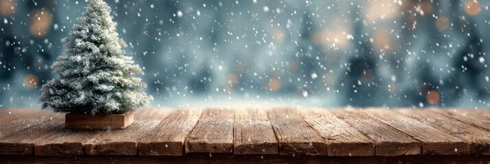 Snowfall creates a cozy winter atmosphere with a decorated Christmas tree on a rustic wooden table