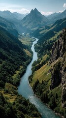 Breathtaking view of a winding river surrounded by lush mountains and greenery in the early afternoon