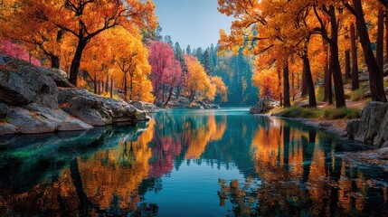 Autumn colors reflect vibrantly on the serene lake surrounded by vibrant fall foliage in a tranquil forest setting