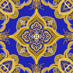 The image showcases a vibrant, symmetrical mandala design. The central motif is a complex, multi-layered floral pattern. It features a variety of shapes—including stylized flowers, leaves, and paisley