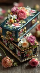 Decorative floral boxes with roses and blossoms arranged on a rustic wooden surface indoors