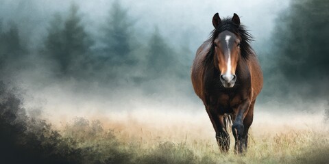 Majestic horse walking through foggy forest landscape during early morning hours