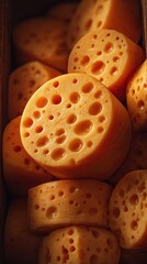 Unique yellow cheese pieces arranged in a wooden tray illuminated by warm ambient light during early morning
