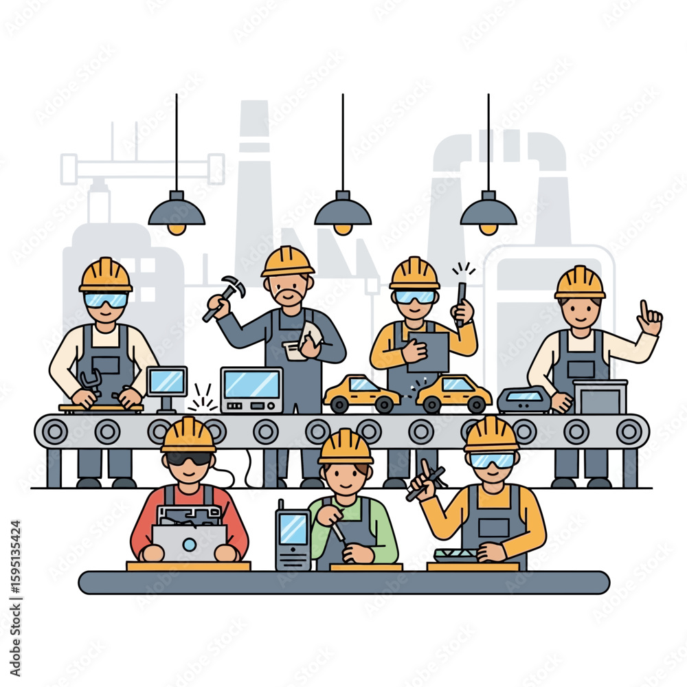 Poster workers in hard hats on an assembly line in a factory setting.