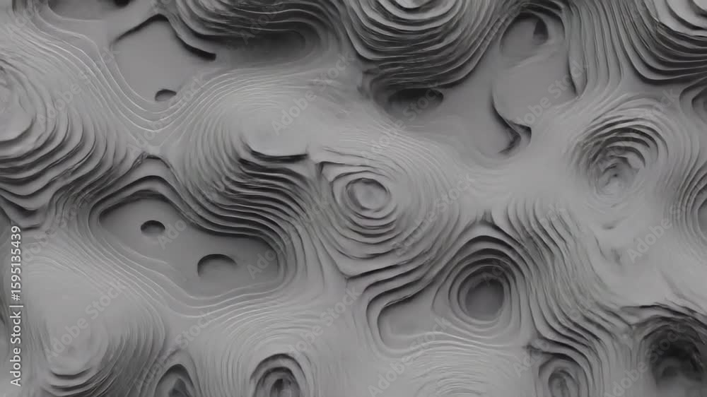 Poster abstract topographic landscape animation in shades of gray with layered textures and undulating