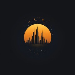 Modern skyline silhouette against a vibrant orange moon in a starry night sky