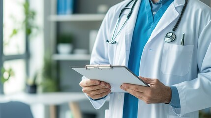 A doctor in a white coat with a stethoscope reviews notes on a clipboard in a medical office setting.