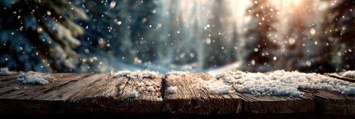 Snowflakes fall gently on a wooden surface while sunlight streams through snow-covered trees in a winter wonderland