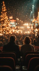Romantic evening under Christmas lights with a couple enjoying popcorn at a festive outdoor event