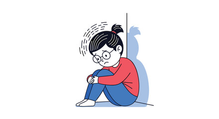 A young girl with glasses sits huddled in a corner looking sad and thoughtful.