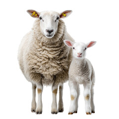 Fototapeta premium Ewe and lamb: portrait of a mother sheep with her baby on black background