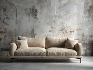 Beige sofa in a loft interior against a textured wall. Sofa in a home. Neural network AI generated art