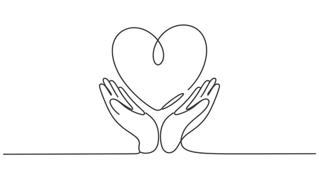 Continuous line drawing of hands holding a heart shape symbol