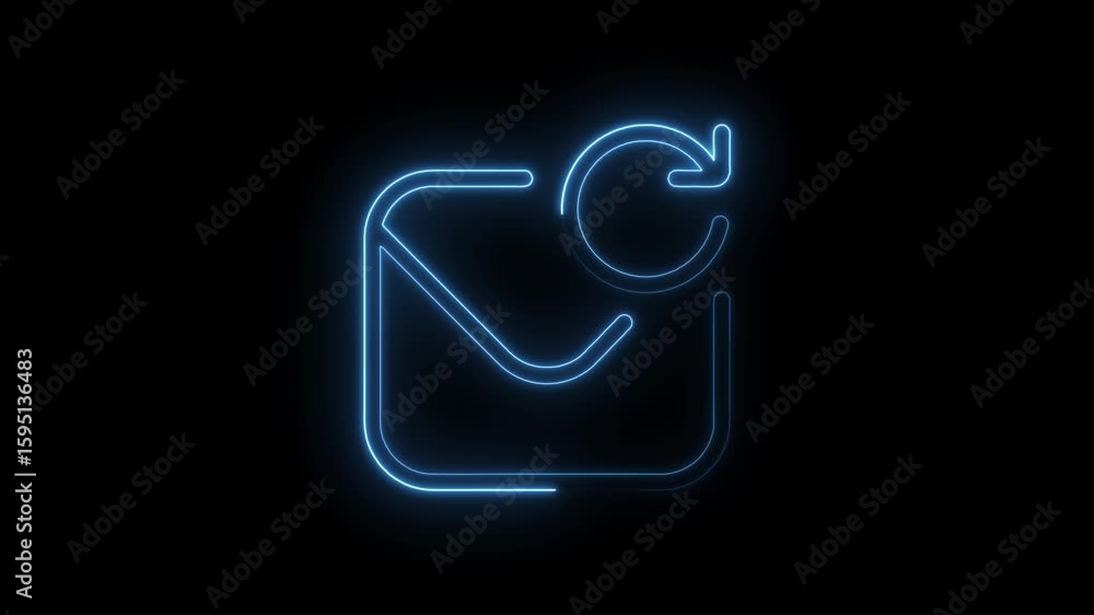 Poster glowing blue neon mail envelope icon with refresh arrow symbol animated on transparent black backgro