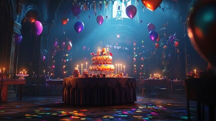 Colorful happy birthday party scene with balloons, confetti, streamers, and cake in a festive indoor celebration setup for kids or adults




